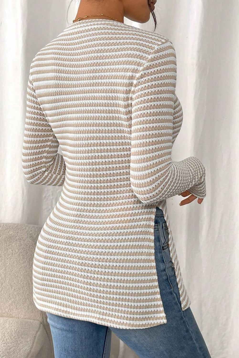 Jet Stream Striped Knit Side Slit Slim Round Neck Tunic Top-Tops/Long Sleeve Tops-[Adult]-[Female]-2022 Online Blue Zone Planet