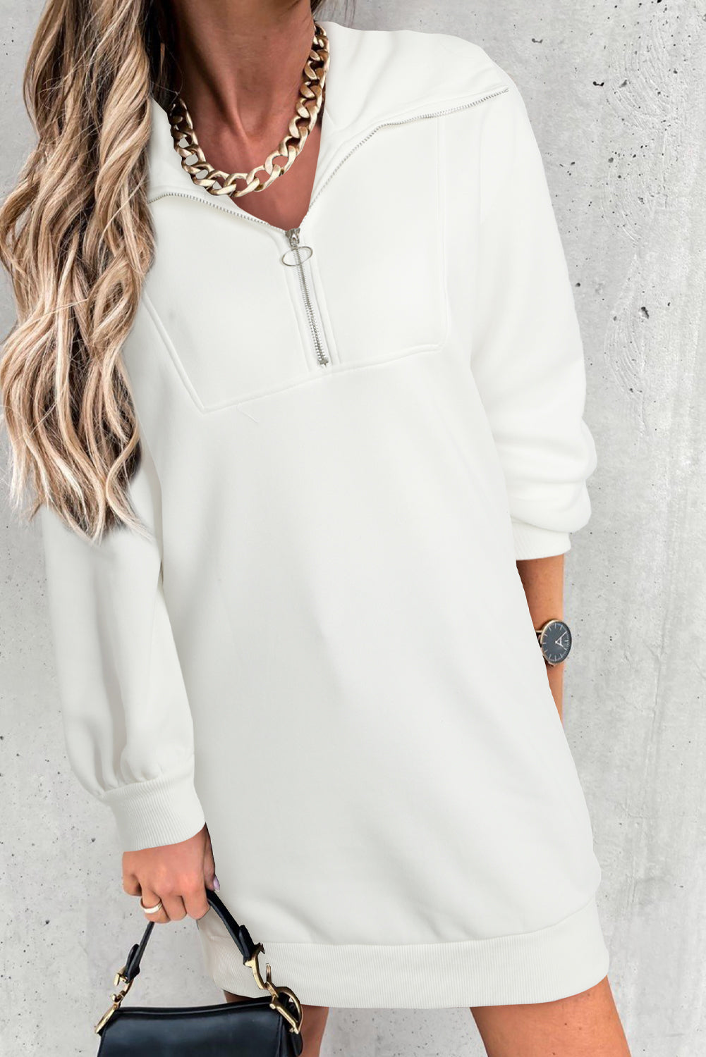 Half Zip Dropped Shoulder Mini Sweatshirt Dress-TOPS / DRESSES-[Adult]-[Female]-White-S-2022 Online Blue Zone Planet