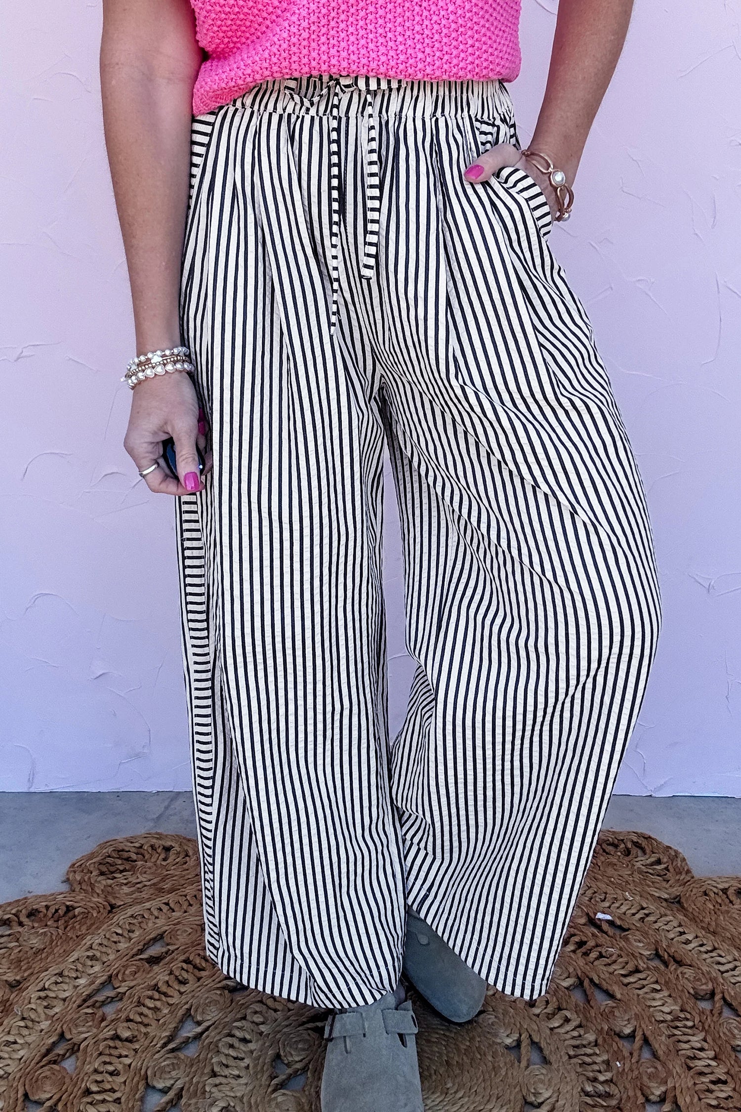 Black Stripe Wide Leg Casual Pants-Bottoms/Pants & Culotte-[Adult]-[Female]-Black Stripe-S-2022 Online Blue Zone Planet