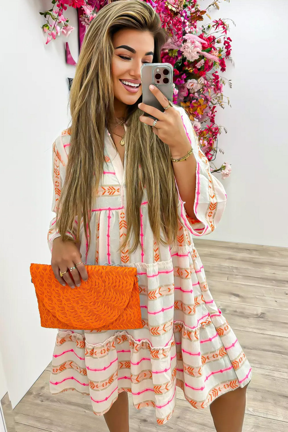 Orange Bohemian Printed Bracelet Sleeve Slit Neck Ruffled Loose Dress-Dresses/Mini Dresses-[Adult]-[Female]-2022 Online Blue Zone Planet