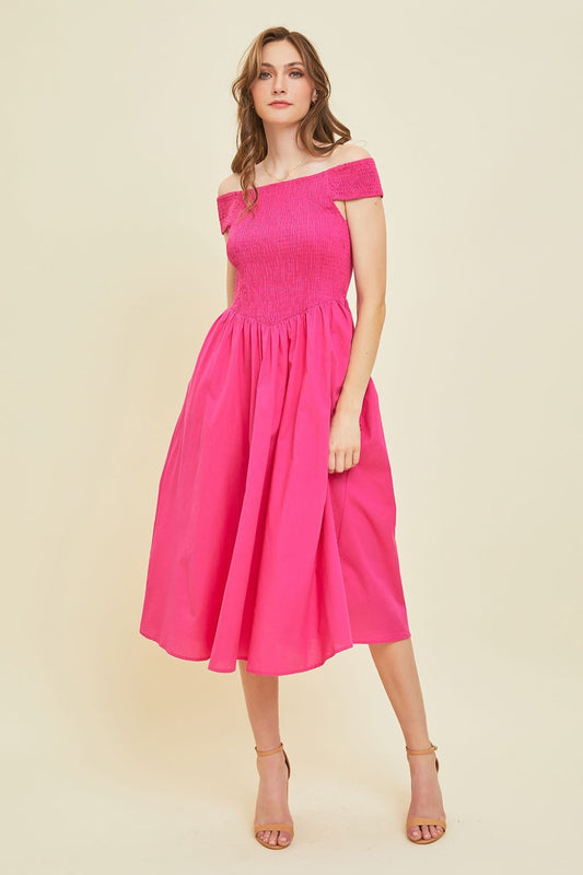 HEYSON Off-Shoulder Smocked Midi Dress-TOPS / DRESSES-[Adult]-[Female]-Fuchsia-S-2022 Online Blue Zone Planet