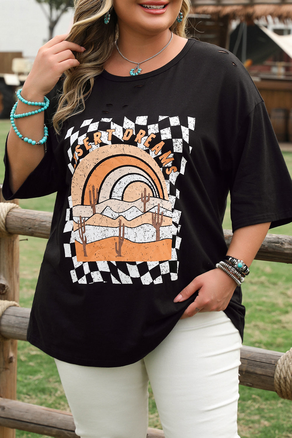 Black Checkerd Desert Dreams Printed Ripped Plus Size Tee-Plus Size/Plus Size Tops/Plus Size Tops & Tees-[Adult]-[Female]-2022 Online Blue Zone Planet