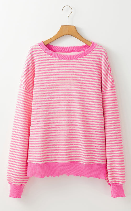 Blue Zone Planet | Striped Round Neck Long Sleeve Sweatshirt-TOPS / DRESSES-[Adult]-[Female]-2022 Online Blue Zone Planet