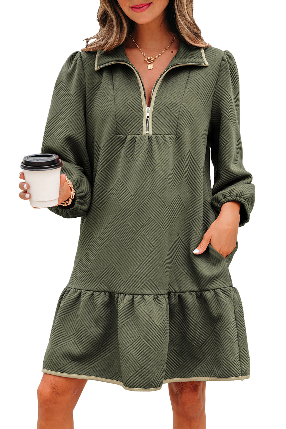 Jungle Green Quarter Zip Collar Bracelet Sleeve Textured Mini Dress-TOPS / DRESSES-[Adult]-[Female]-2022 Online Blue Zone Planet