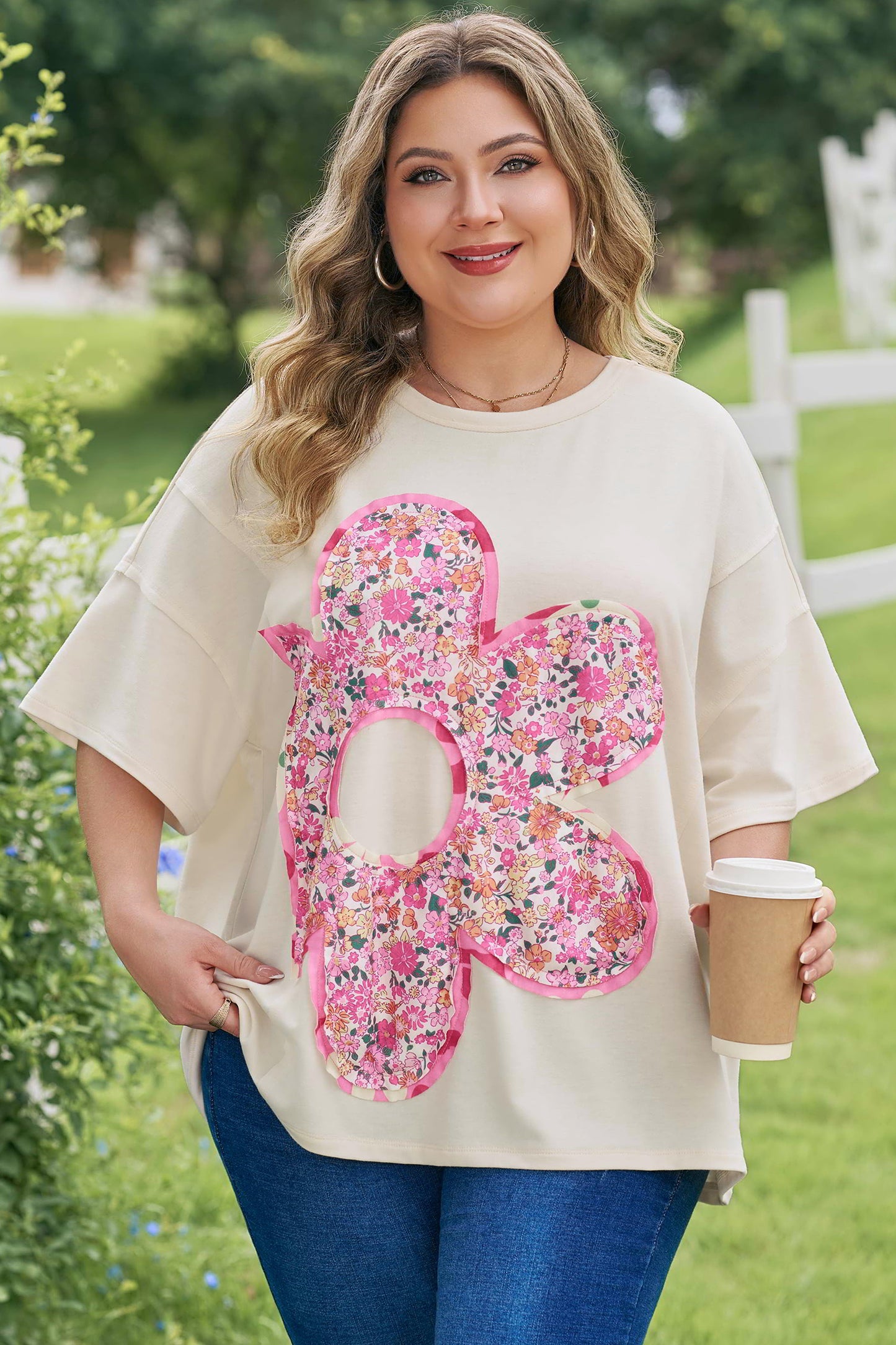 Jet Stream Big Flower Patched Plus Size Tunic T-Shirt-Plus Size/Plus Size Tops/Plus Size Tops & Tees-[Adult]-[Female]-2022 Online Blue Zone Planet