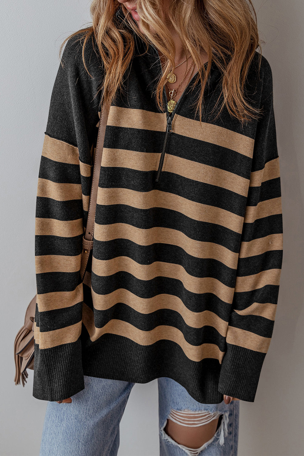 Black Stripe Collared Quarter Zipper Oversized Sweater-Sweaters & Cardigans/Sweaters-[Adult]-[Female]-Black Stripe-S-2022 Online Blue Zone Planet