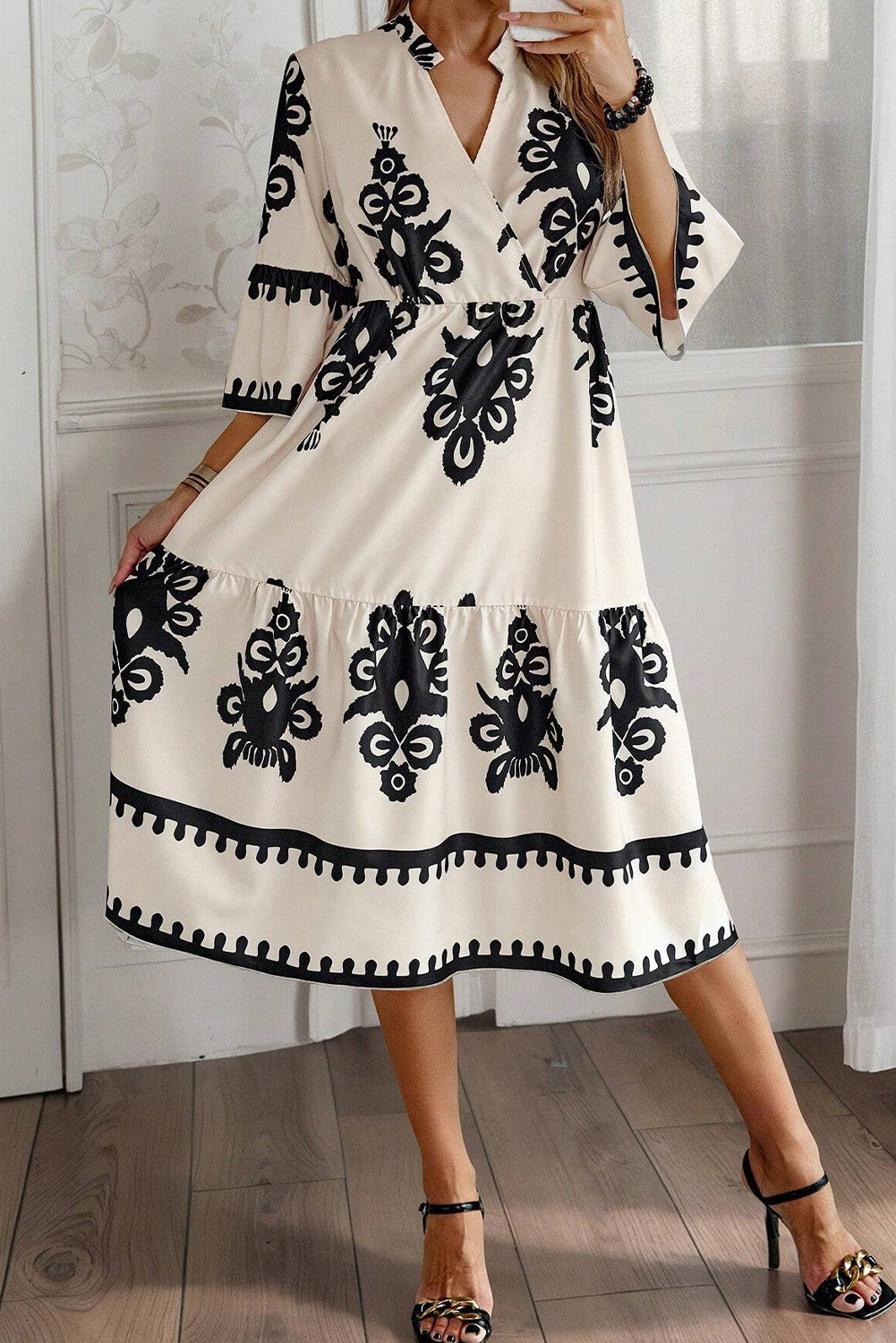 Beige Western Geometric Print 3/4 Sleeve Loose Midi Dress-Dresses/Midi Dresses-[Adult]-[Female]-Beige-S-2022 Online Blue Zone Planet