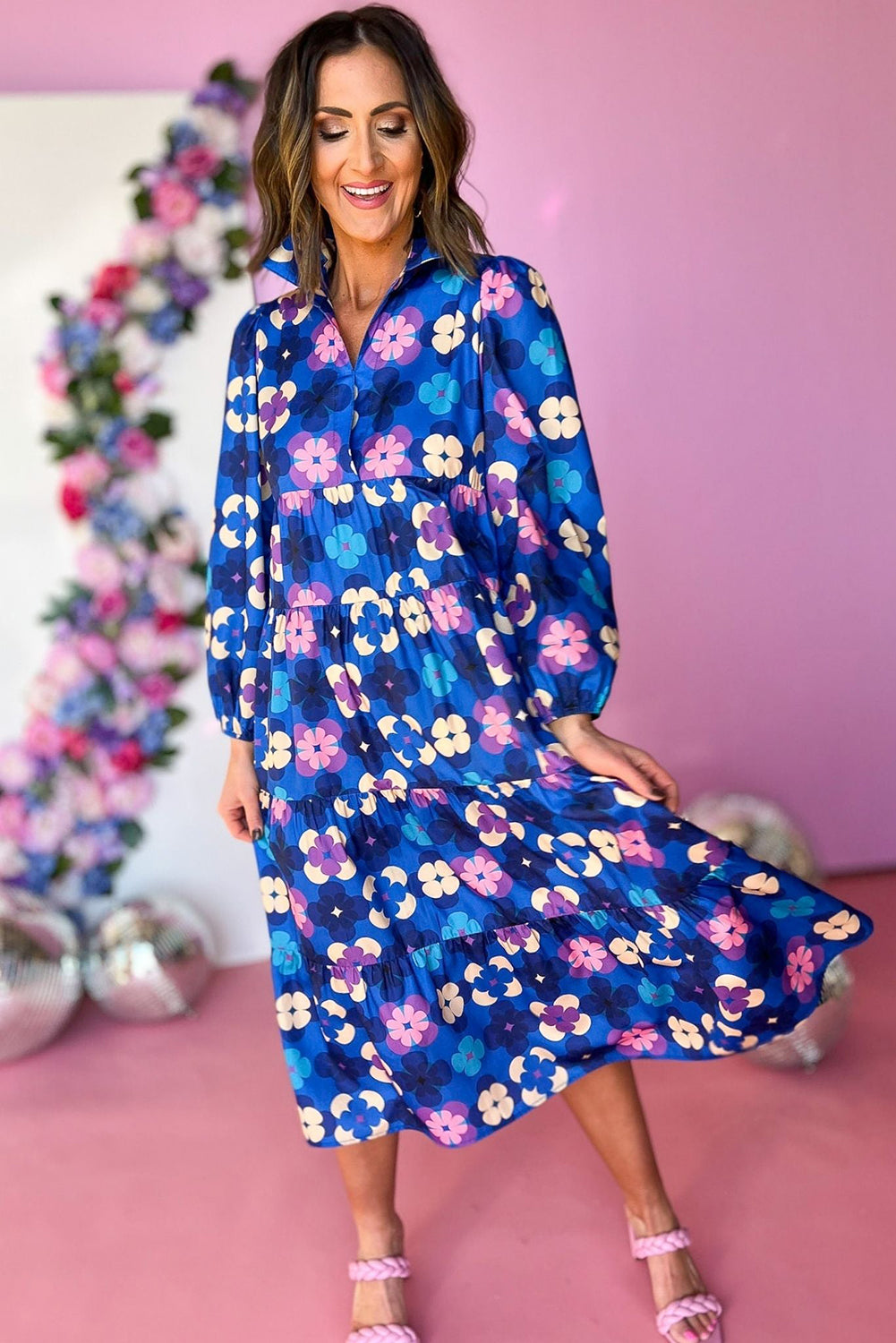 Blue Floral Peasant Sleeve Tiered Ruffle Midi Dress-Dresses/Midi Dresses-[Adult]-[Female]-2022 Online Blue Zone Planet