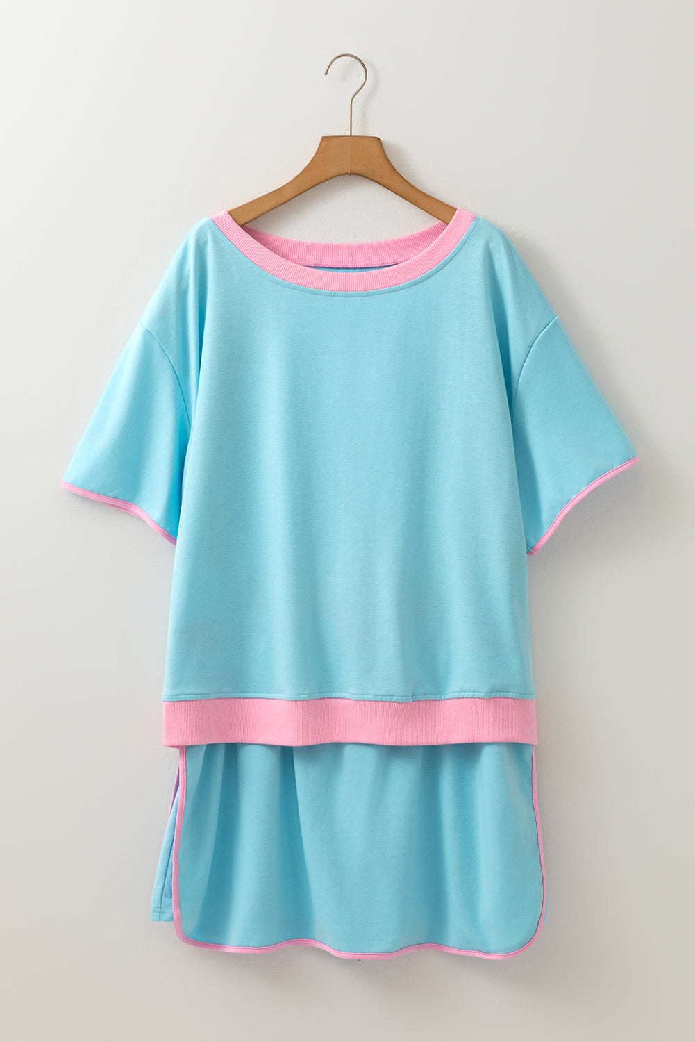 Turquoise Plus Size Contrast Trim T Shirt and Skirt Two Piece Set-Plus Size/Plus Size Loungewear-[Adult]-[Female]-2022 Online Blue Zone Planet
