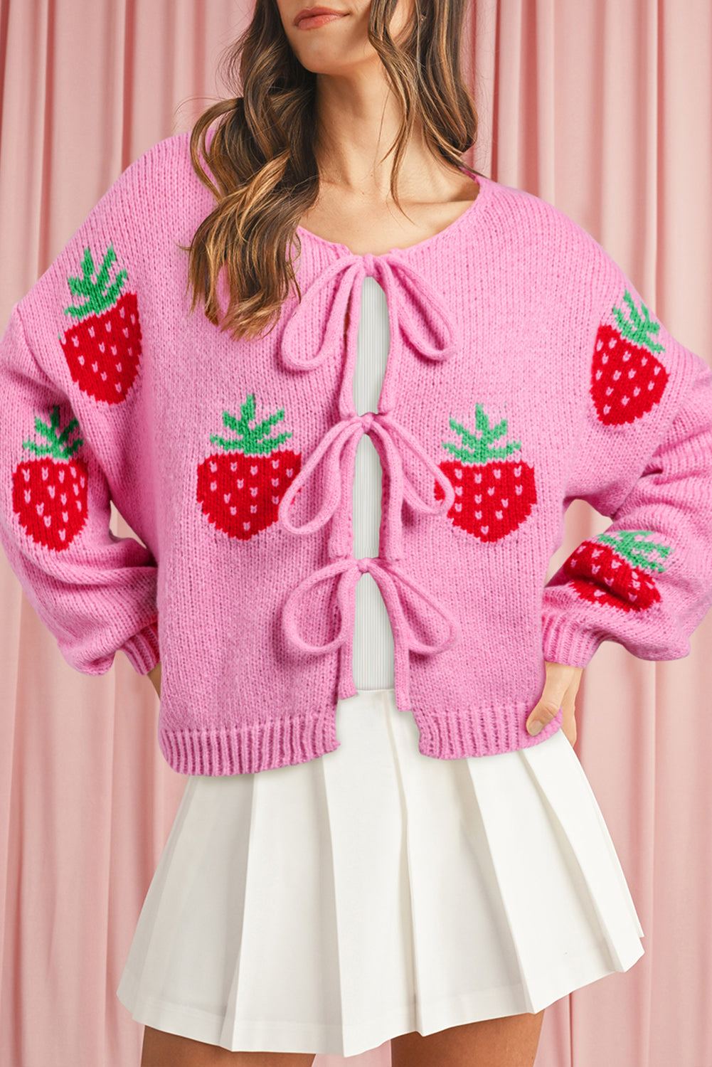 Rose Strawberry Print Bowknot Knit Cardigan-Cardigans-[Adult]-[Female]-Rose-S-2022 Online Blue Zone Planet