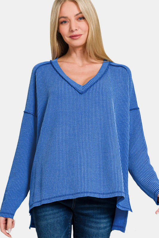 Blue Zone Planet | Zenana Texture Exposed Seam V-Neck Long Sleeve T-Shirt-TOPS / DRESSES-[Adult]-[Female]-Classic Blue-S/M-2022 Online Blue Zone Planet