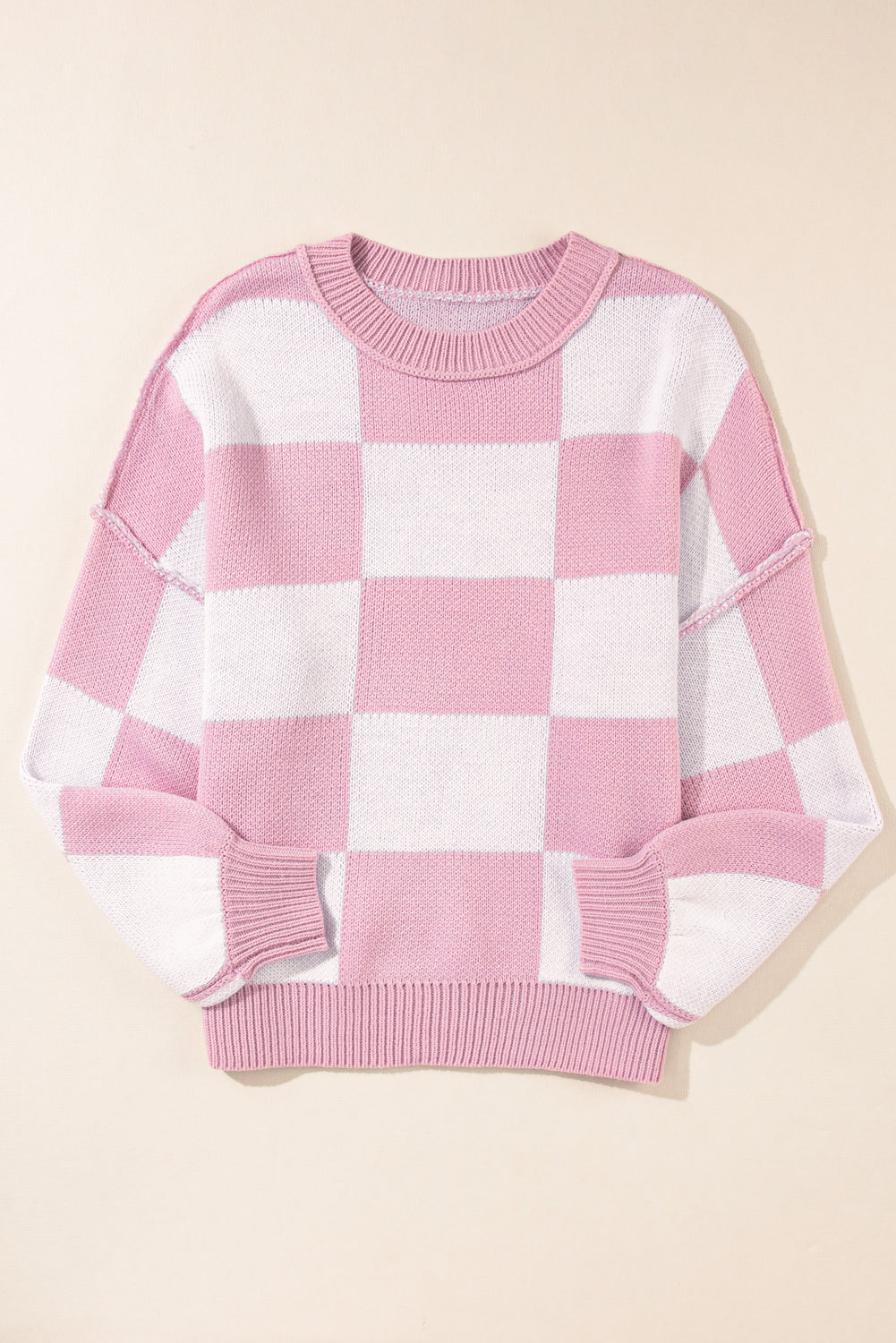 Blue Zone Planet | Pink Checked Bishop Sleeve Pullover Sweater-Sweaters-[Adult]-[Female]-2022 Online Blue Zone Planet