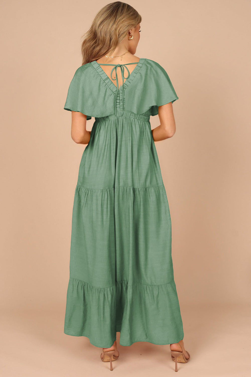 Grass Green Textured V Neck Flutter Sleeve Ruffled Maxi Dress-Dresses/Maxi Dresses-[Adult]-[Female]-2022 Online Blue Zone Planet