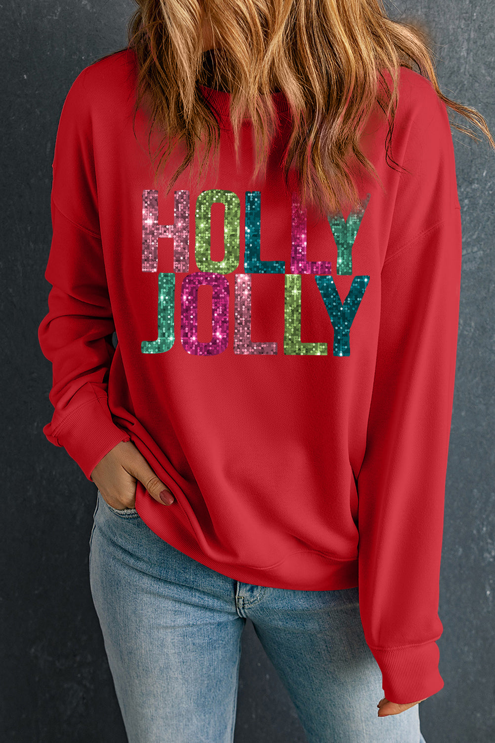 Red Heat Transfer HOLLY JOLLY Printing Christmas Pullover Sweatshirt-Graphic/Graphic Sweatshirts-[Adult]-[Female]-2022 Online Blue Zone Planet