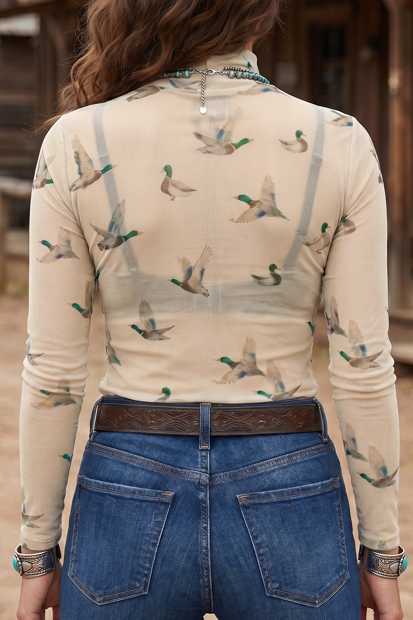Beige Western Print Mesh High Neck Long Sleeve Sheath Top-Tops/Long Sleeve Tops-[Adult]-[Female]-2022 Online Blue Zone Planet