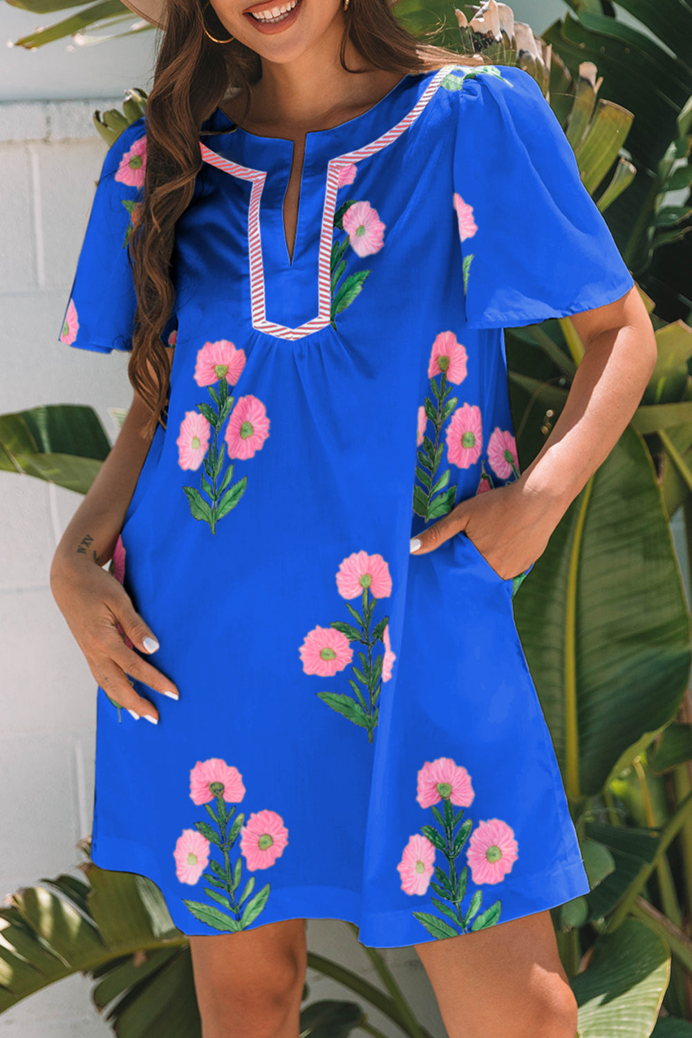 Blue Floral Short Sleeve Split Neck Loose Mini Dress-TOPS / DRESSES-[Adult]-[Female]-2022 Online Blue Zone Planet