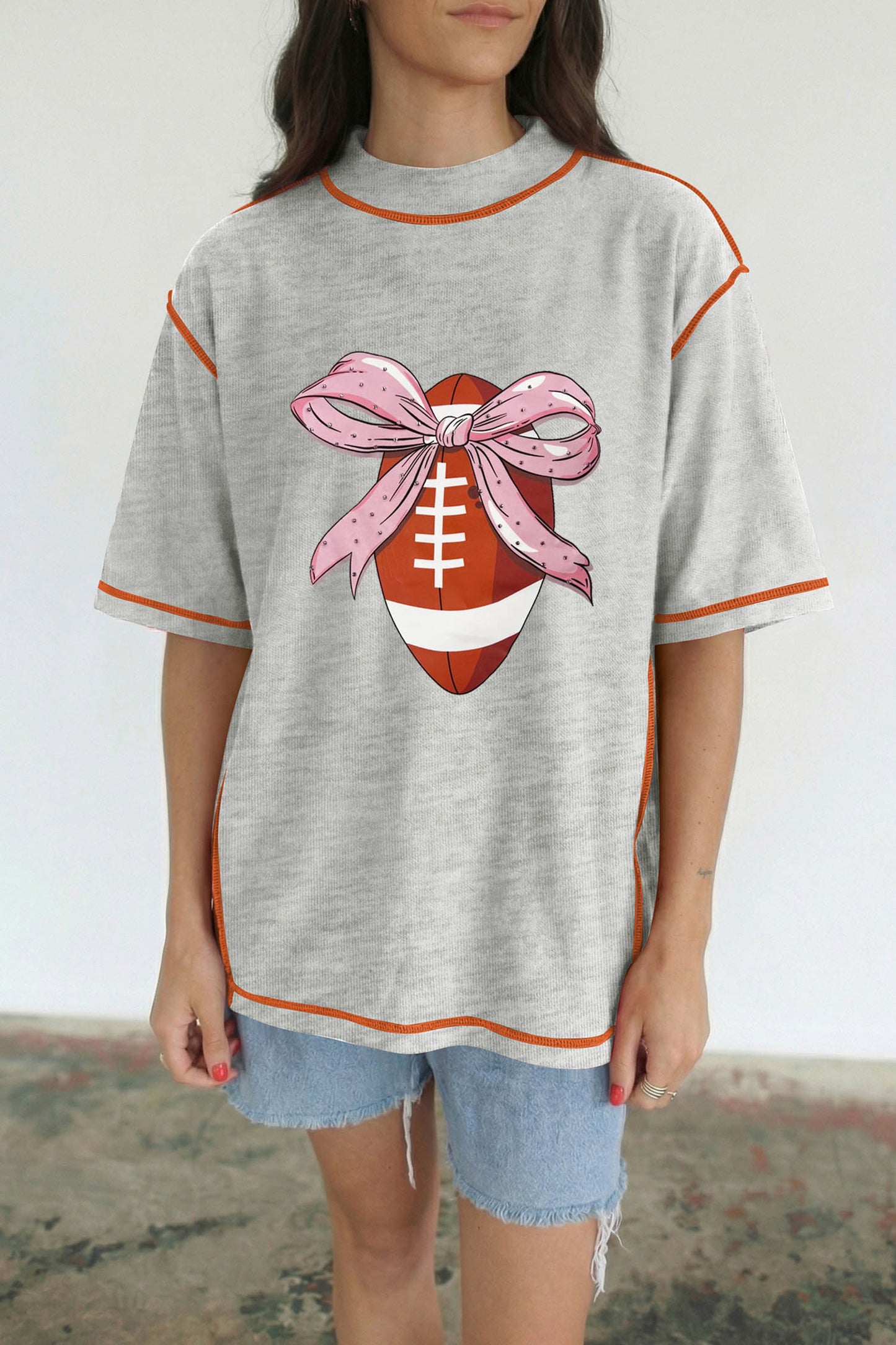 Light Grey Sweet Bow Rugby Football Graphic Contrast Stitched Tee