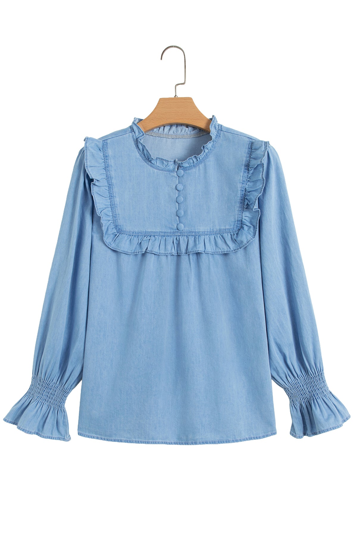 Beau Blue Western Ruffle V Neck Long Sleeve Chambray Blouse-Tops/Blouses & Shirts-[Adult]-[Female]-2022 Online Blue Zone Planet
