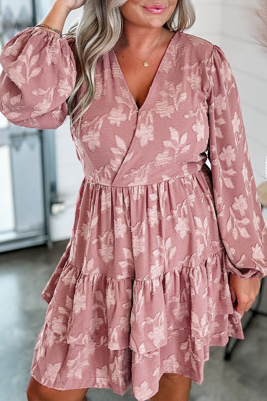 Peach Blossom Floral Surplice V Neck Tiered Ruffled Plus Size Dress-Plus Size/Plus Size Dresses/Plus Size Mini Dresses-[Adult]-[Female]-Peach Blossom-1X-2022 Online Blue Zone Planet