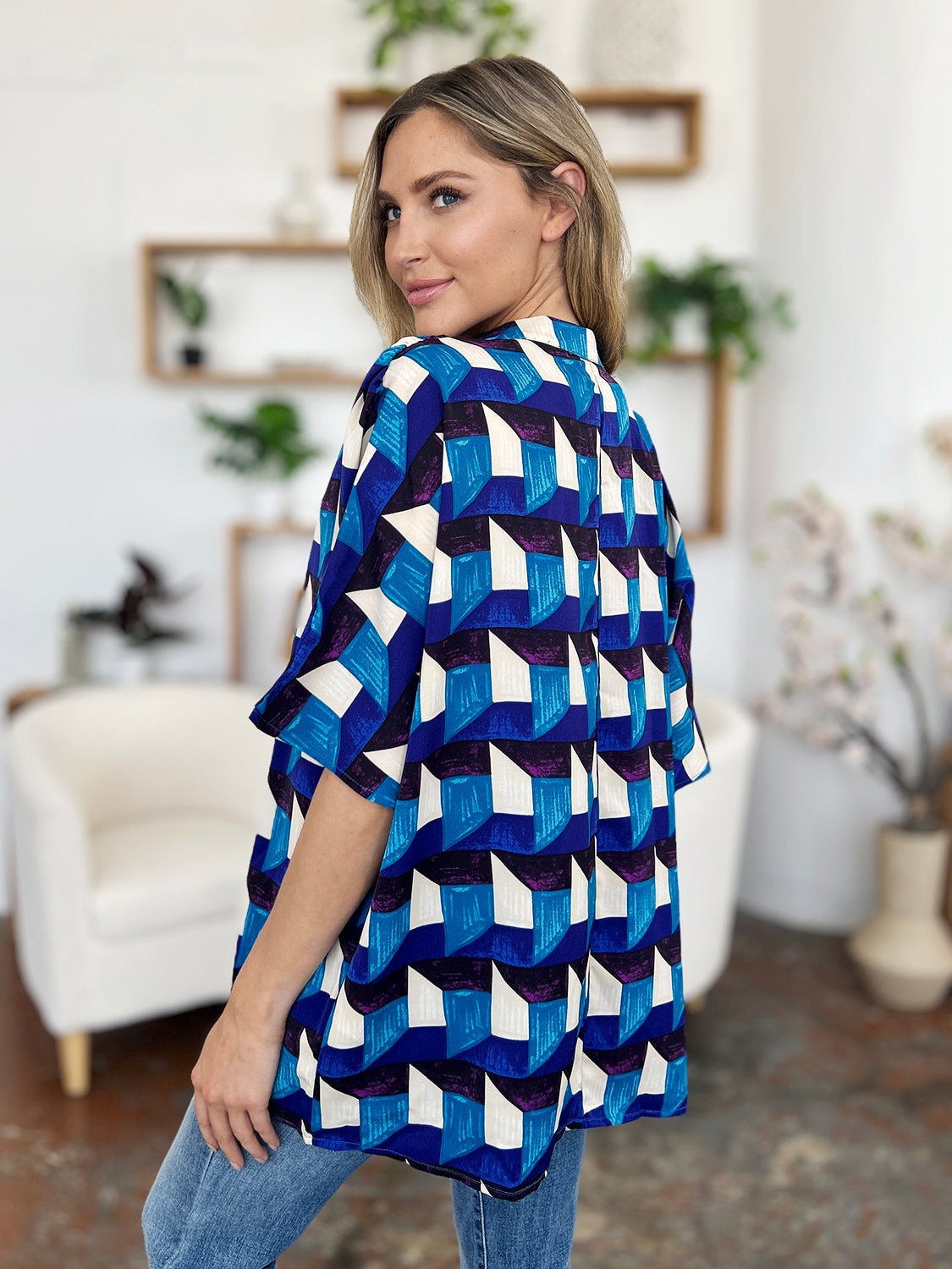 Double Take Full Size Geometric Notched Half Sleeve Blouse-TOPS / DRESSES-[Adult]-[Female]-2022 Online Blue Zone Planet