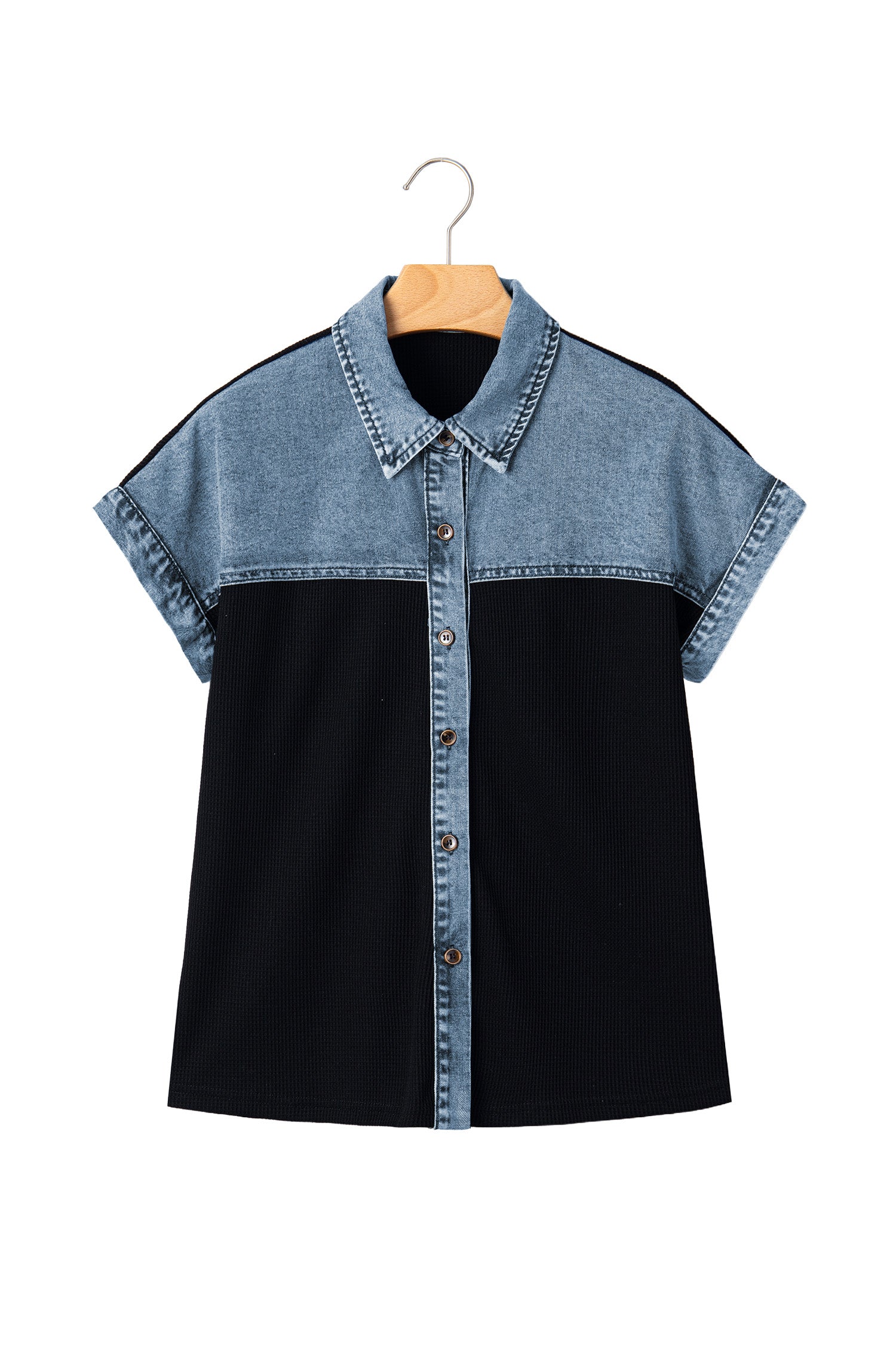 Black Textured Knit Denim Color Block Patchwork Collar Button Down Shirt-Tops/Blouses & Shirts-[Adult]-[Female]-2022 Online Blue Zone Planet