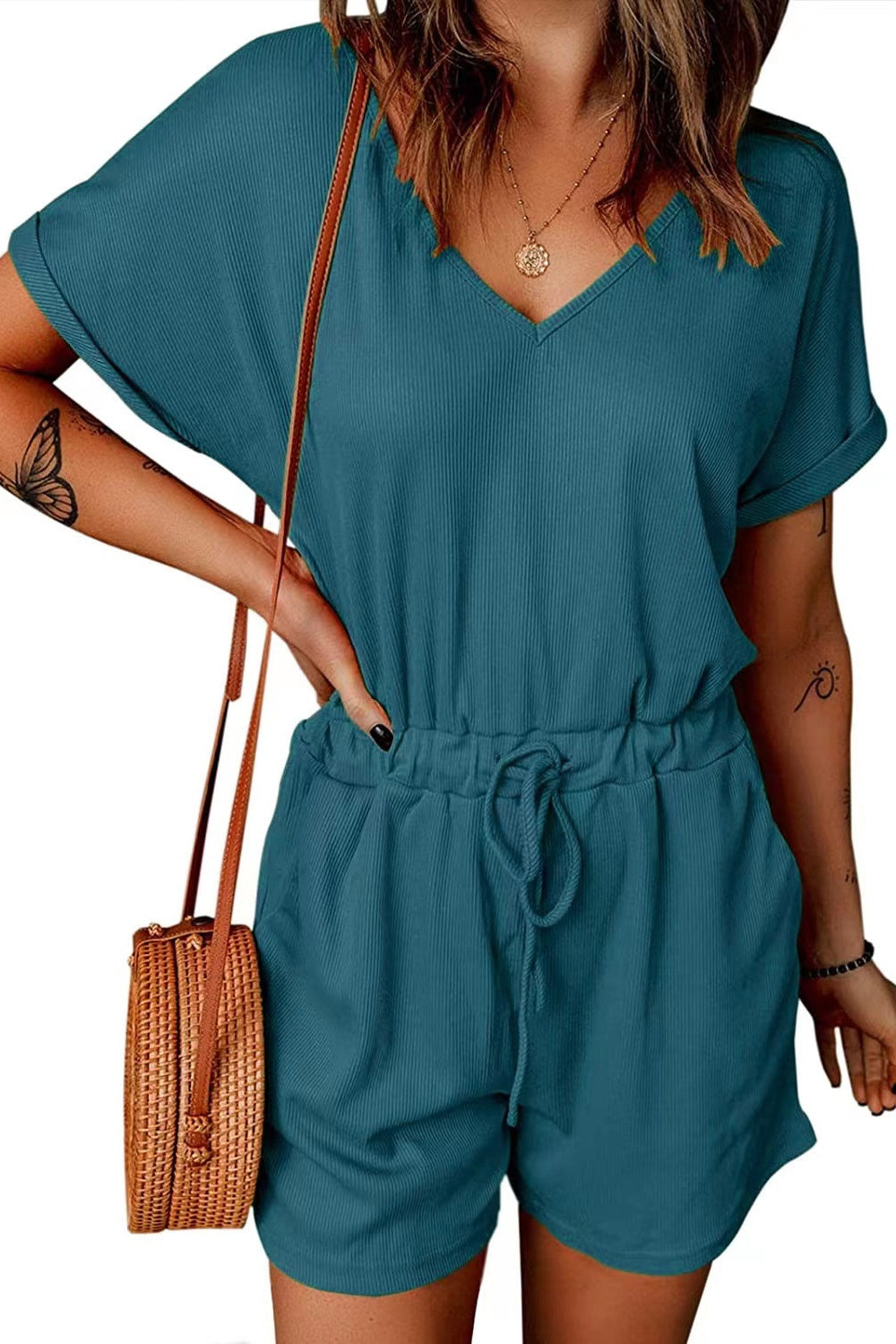 Full Size Drawstring V-Neck Short Sleeve Romper-TOPS / DRESSES-[Adult]-[Female]-2022 Online Blue Zone Planet