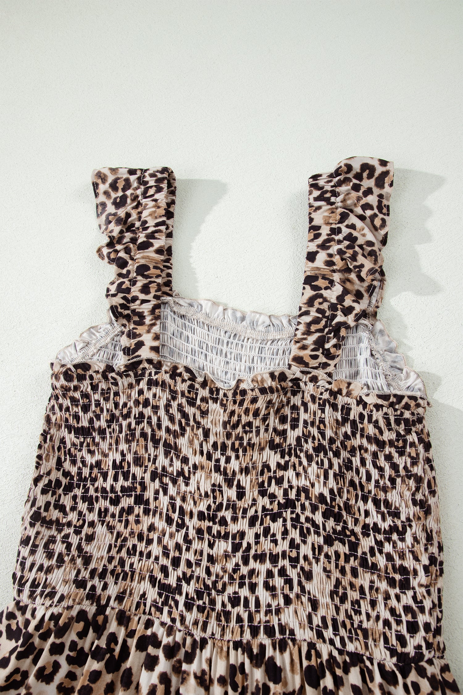 Brown Ruffled Straps Smocked Tiered Leopard Maxi Dress-TOPS / DRESSES-[Adult]-[Female]-2022 Online Blue Zone Planet