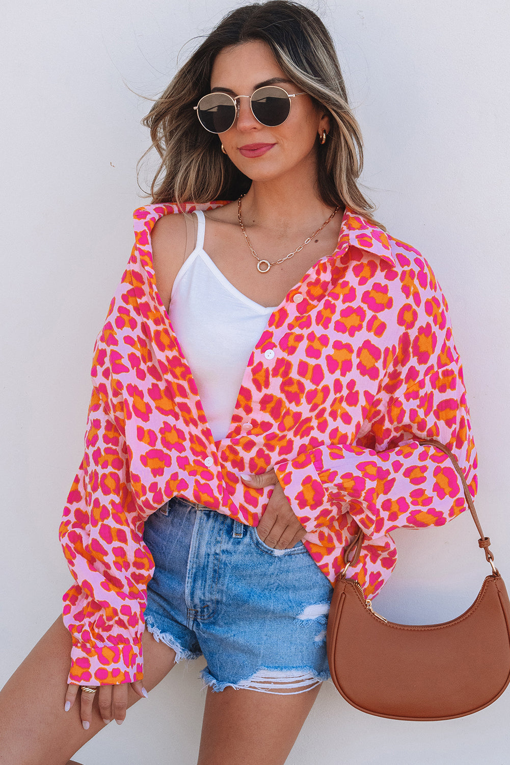Blue Zone Planet | Rose Leopard Printed Button Up Loose Shirt-Tops/Blouses & Shirts-[Adult]-[Female]-2022 Online Blue Zone Planet