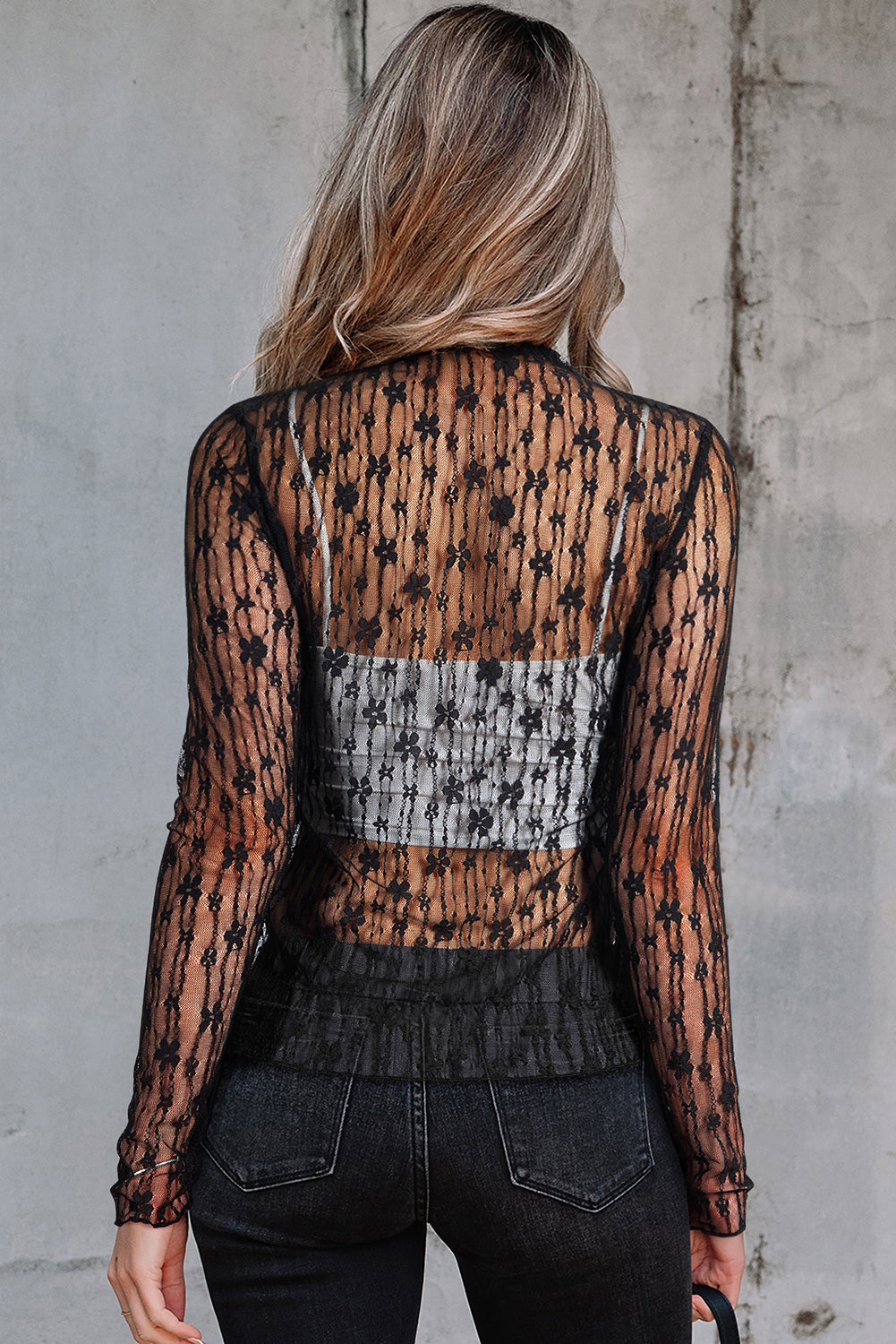 Black Sheer Floral Lace Long Sleeve Slim Fit Top-Tops/Long Sleeve Tops-[Adult]-[Female]-2022 Online Blue Zone Planet