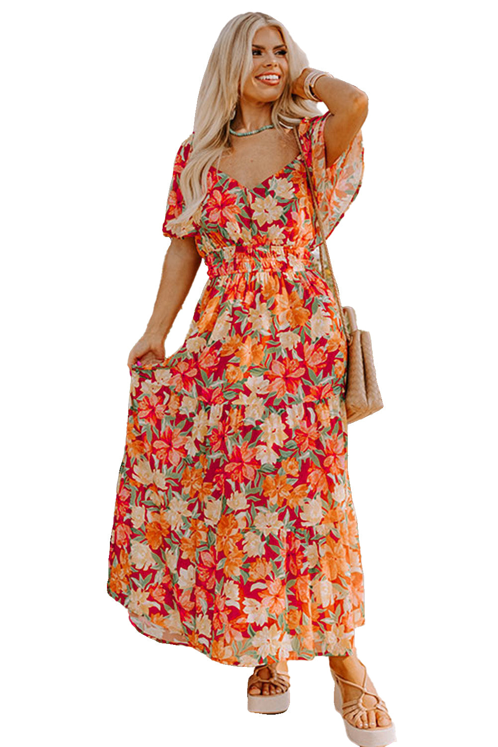 Orange Plus Size Floral V Neck Cinched Waist Maxi Dress-Plus Size Dresses-[Adult]-[Female]-2022 Online Blue Zone Planet