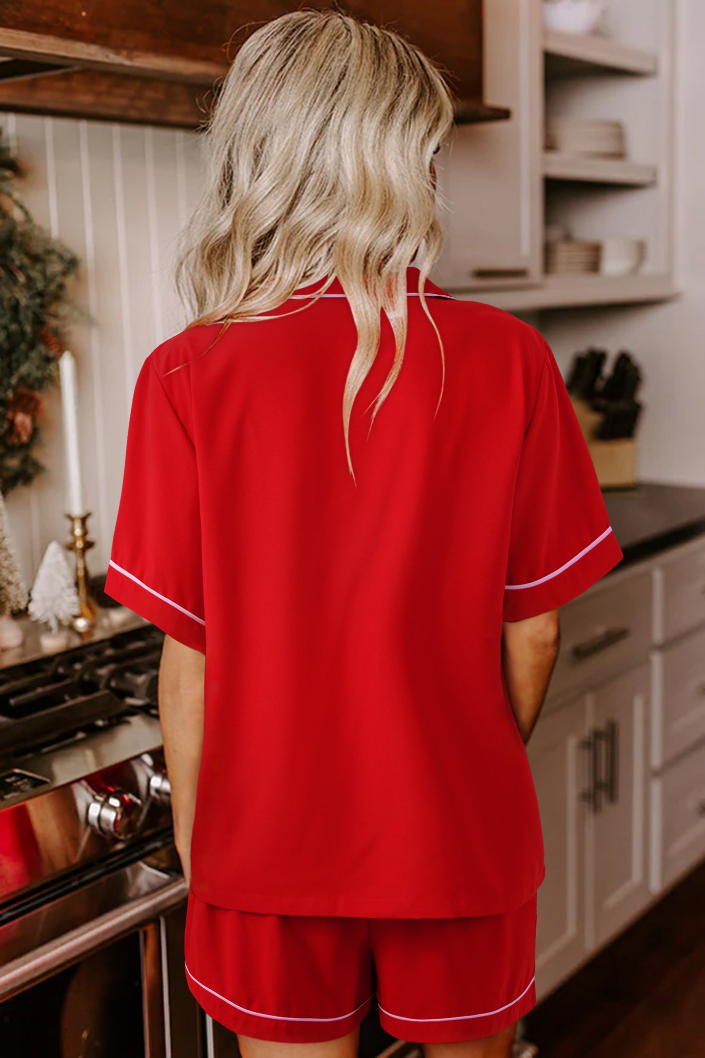 Fiery Red Contrast Trim Ribbon Bow Short Silky 2pcs Pajama Set-Loungewear & Sleepwear/Sleepwear-[Adult]-[Female]-2022 Online Blue Zone Planet