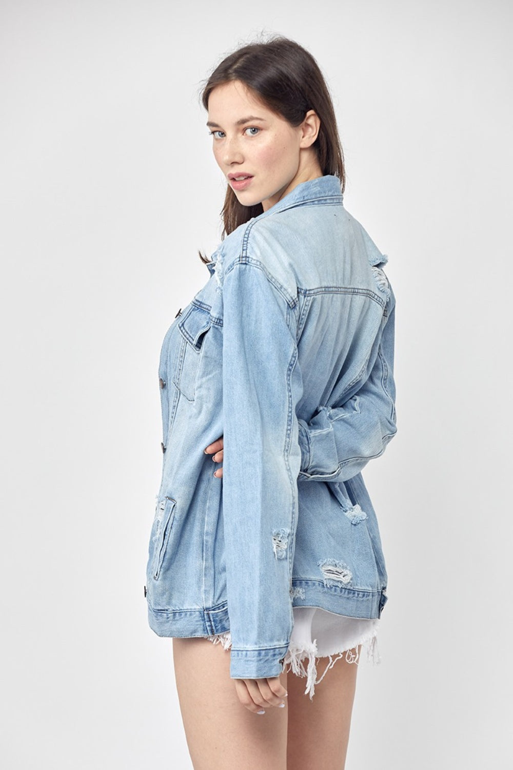 RISEN Full Size Distressed Long Sleeve Denim Jacket-TOPS / DRESSES-[Adult]-[Female]-2022 Online Blue Zone Planet