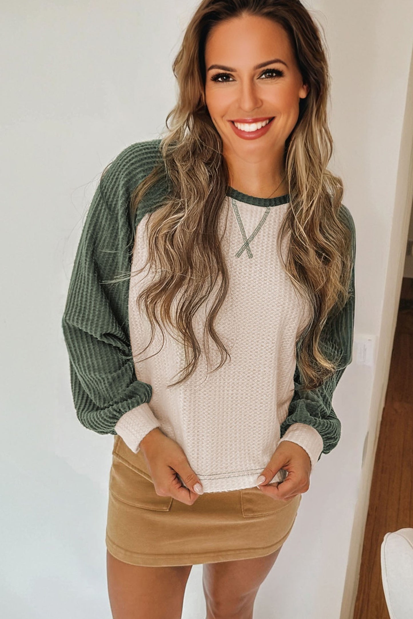 Mist Green Waffle Color Block Raglan Sleeve Top-Tops/Long Sleeve Tops-[Adult]-[Female]-2022 Online Blue Zone Planet