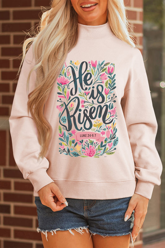Apricot Pink He is Risen Floral Christian Easter Mock Neck Sweatshirt-Graphic/Graphic Sweatshirts-[Adult]-[Female]-Apricot Pink-S-2022 Online Blue Zone Planet