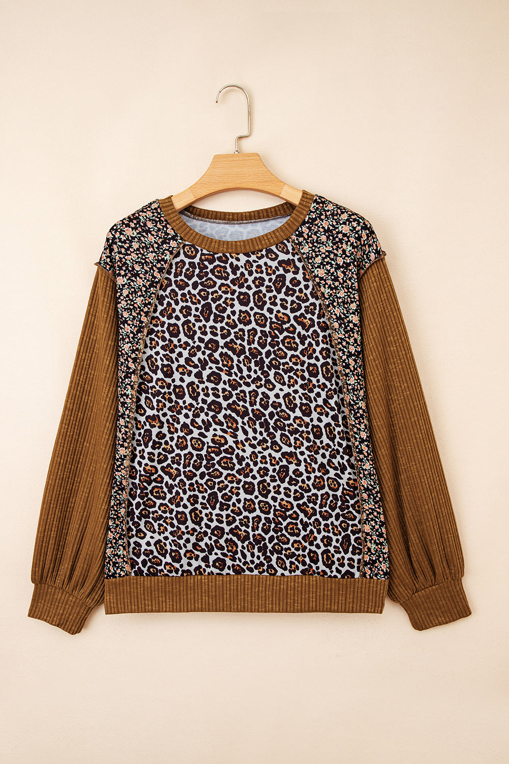 Brown Leopard Floral Print Ribbed Puff Sleeve Patchwork Loose Pullover-Tops/Long Sleeve Tops-[Adult]-[Female]-2022 Online Blue Zone Planet