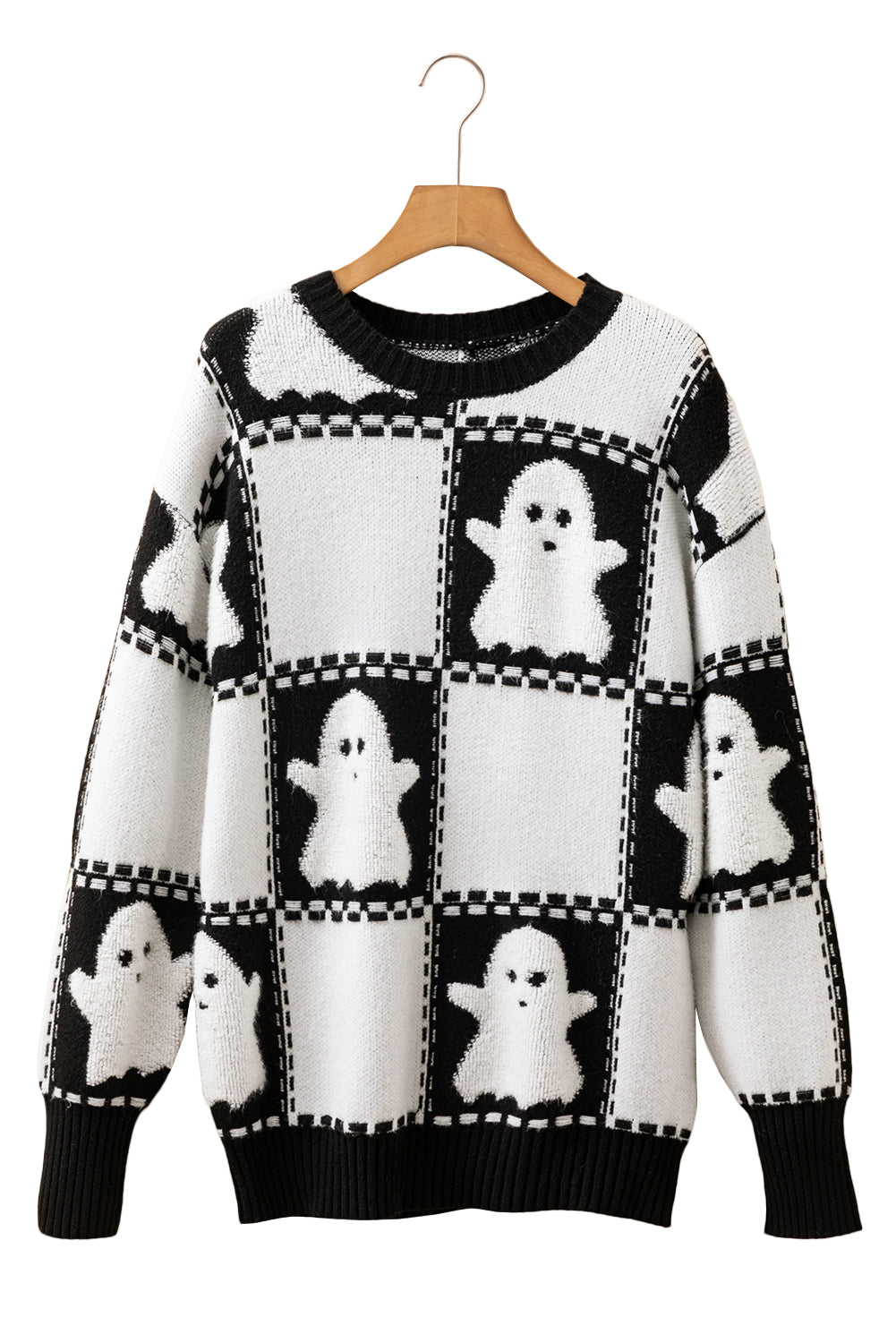 Black Halloween Ghost Checkered Drop Shoulder Sweater-TOPS / DRESSES-[Adult]-[Female]-2022 Online Blue Zone Planet