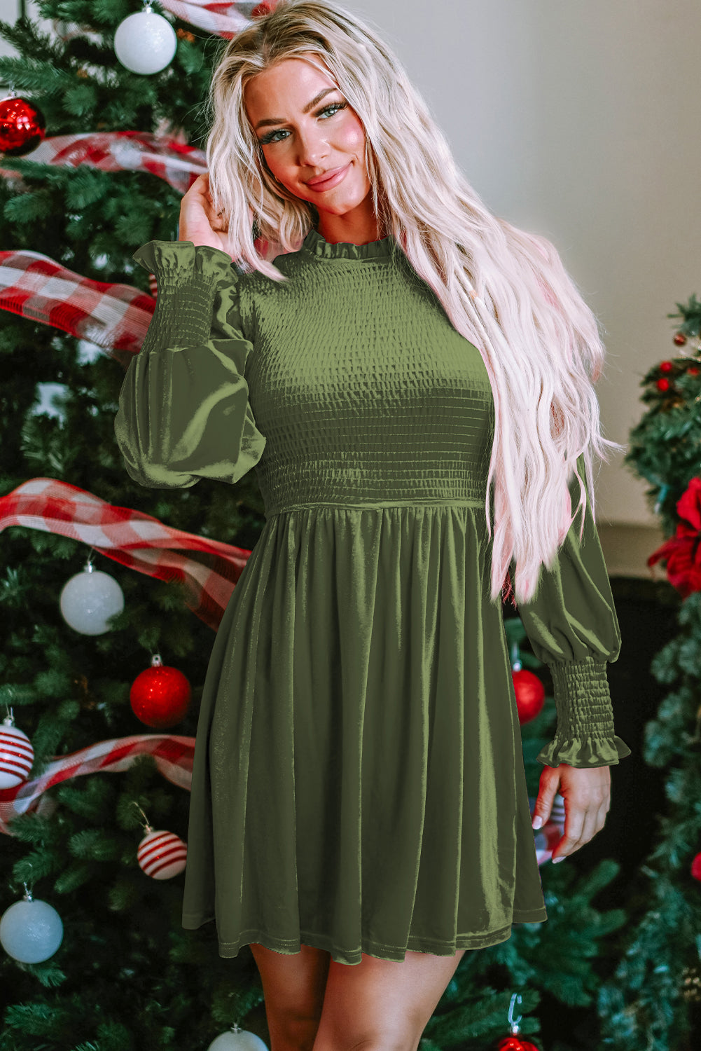 Blue Zone Planet | Moss Green Frilled Neck Smocked Bodice Velvet Dress-TOPS / DRESSES-[Adult]-[Female]-2022 Online Blue Zone Planet