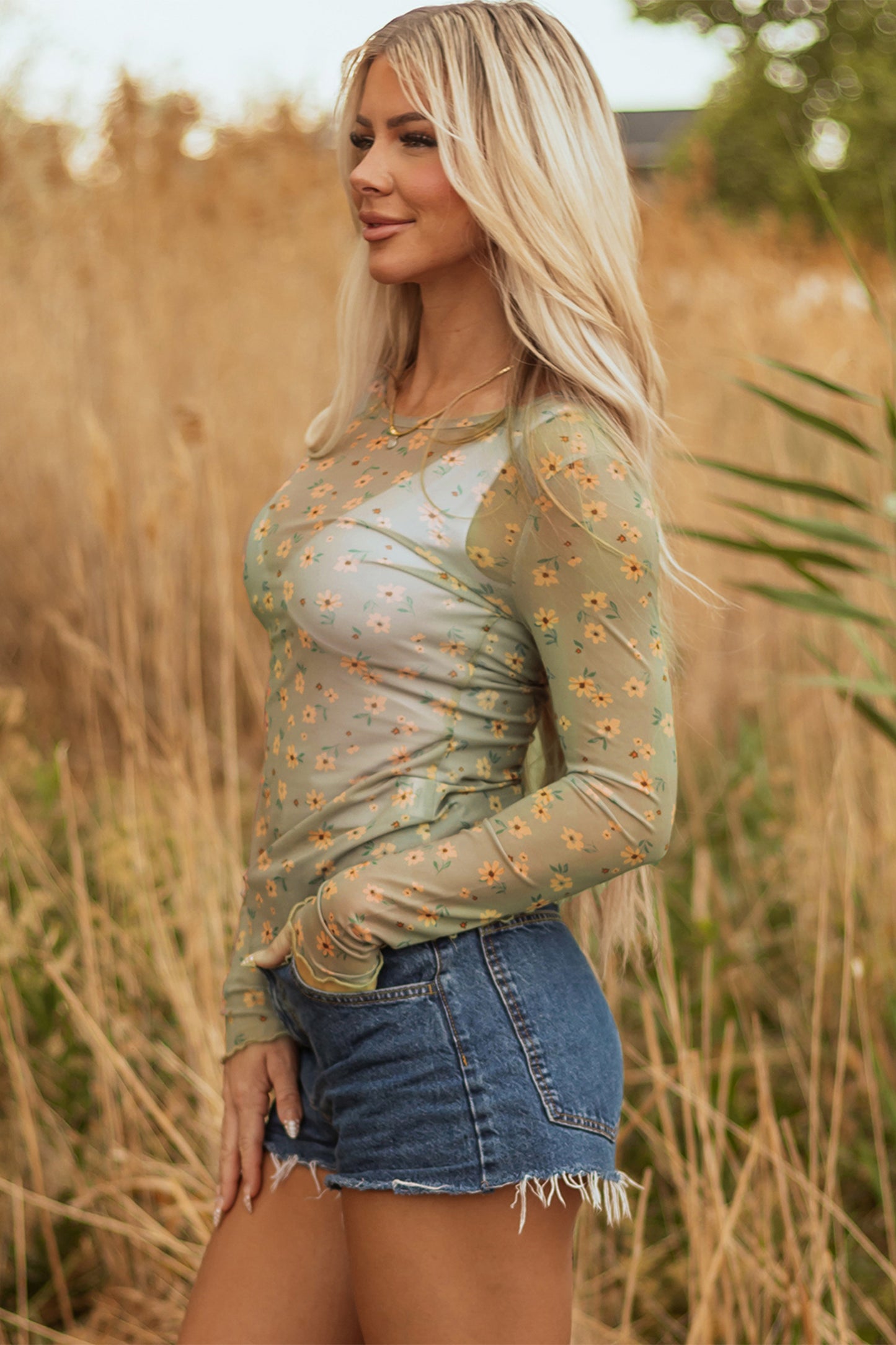 Laurel Green Vintage Floral Print Southern Style Mesh Long Sleeve Top-Tops/Long Sleeve Tops-[Adult]-[Female]-2022 Online Blue Zone Planet