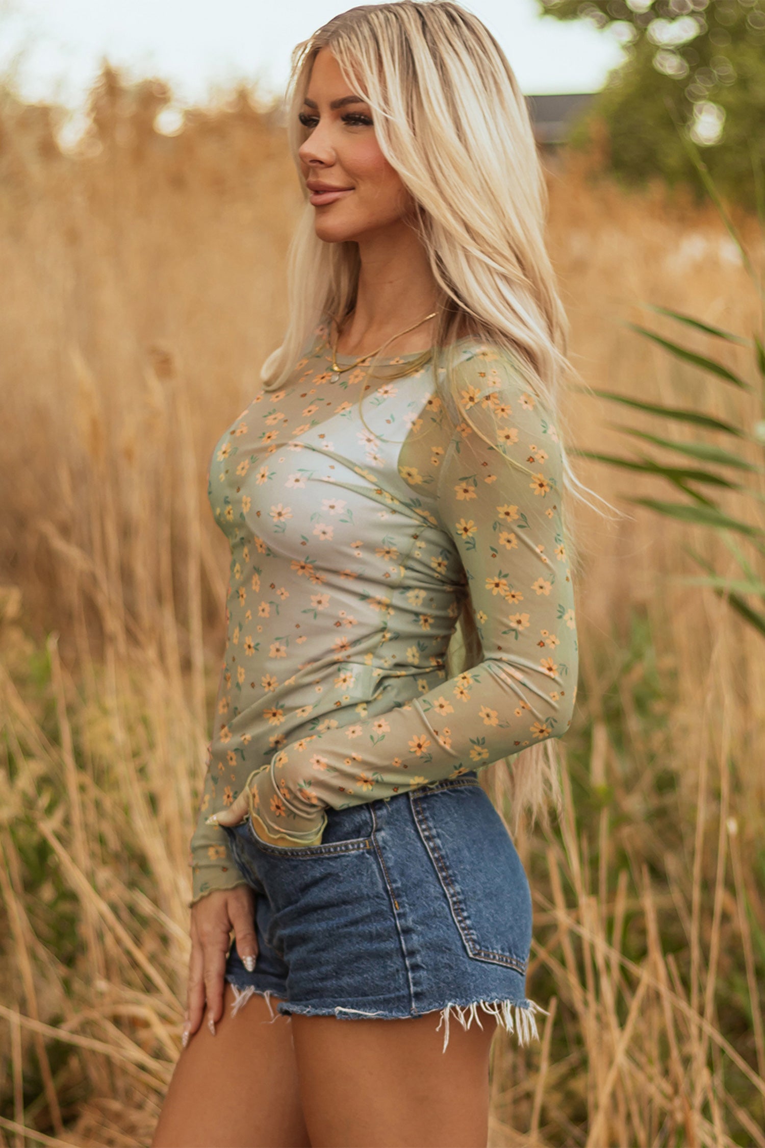 Laurel Green Vintage Floral Print Southern Style Mesh Long Sleeve Top-Tops/Long Sleeve Tops-[Adult]-[Female]-2022 Online Blue Zone Planet