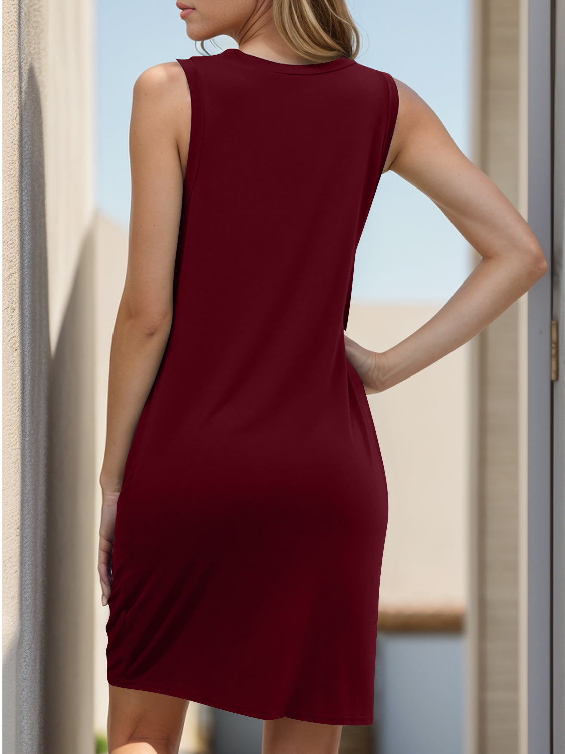 Twisted Round Neck Sleeveless Dress-TOPS / DRESSES-[Adult]-[Female]-Burgundy-S-2022 Online Blue Zone Planet