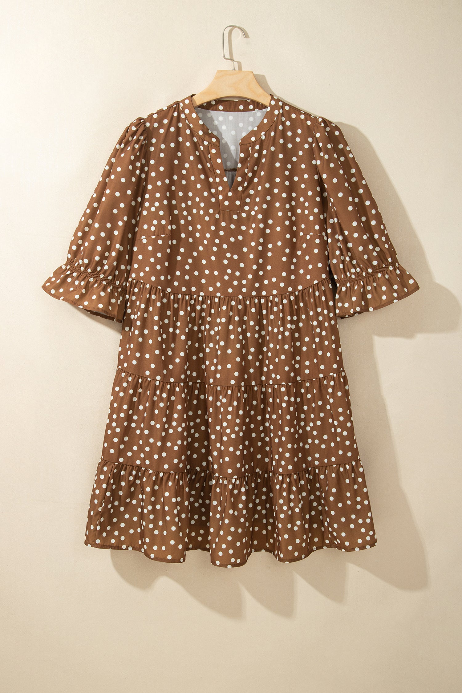 Brown V Neck Polka Dot Long Sleeve Shift Plus Size Dress-TOPS / DRESSES-[Adult]-[Female]-2022 Online Blue Zone Planet