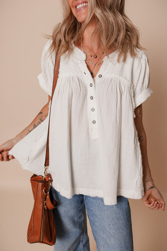 White Textured Short Sleeve Buttons Frayed Blouse-Tops/Blouses & Shirts-[Adult]-[Female]-White-S-2022 Online Blue Zone Planet