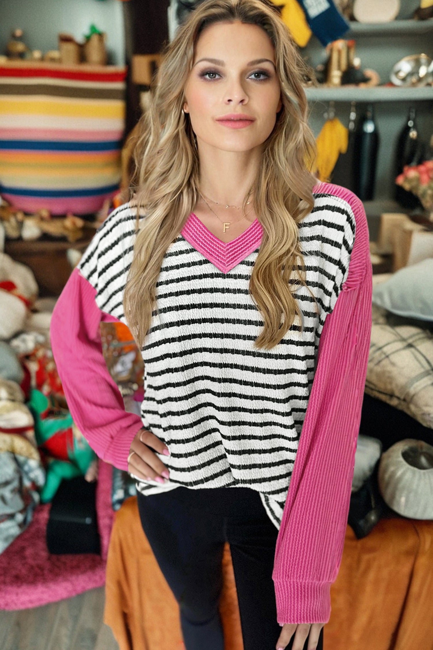 Black Stripe Textured Knit Twisted Rib Contrast Patchwork V Neck Long Sleeve Top-Tops/Long Sleeve Tops-[Adult]-[Female]-2022 Online Blue Zone Planet