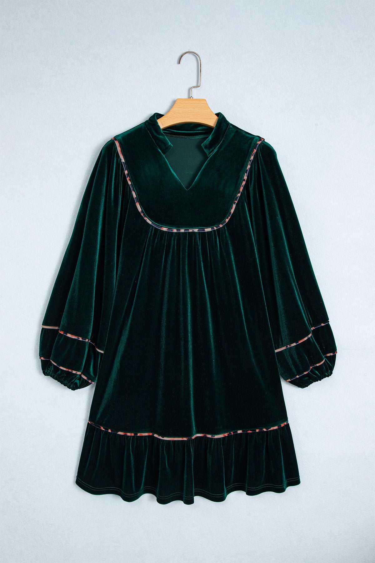 Blackish Green Leopard Trim Velvet Long Sleeve Shift Dress-TOPS / DRESSES-[Adult]-[Female]-2022 Online Blue Zone Planet