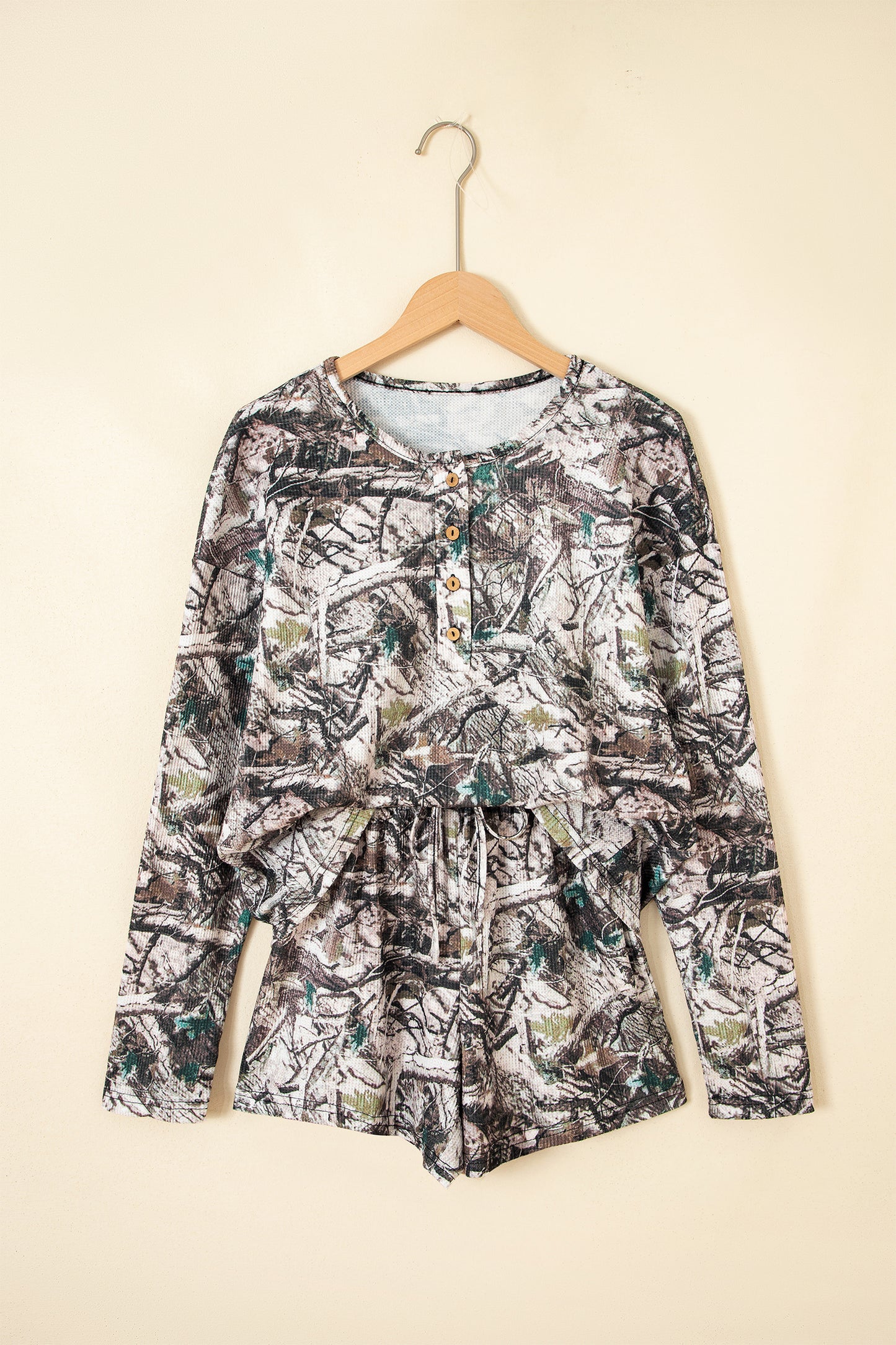 Brown Camo Long Sleeve Top Elastic Waist Shorts Two Piece Set-Two Piece Sets/Short Sets-[Adult]-[Female]-2022 Online Blue Zone Planet