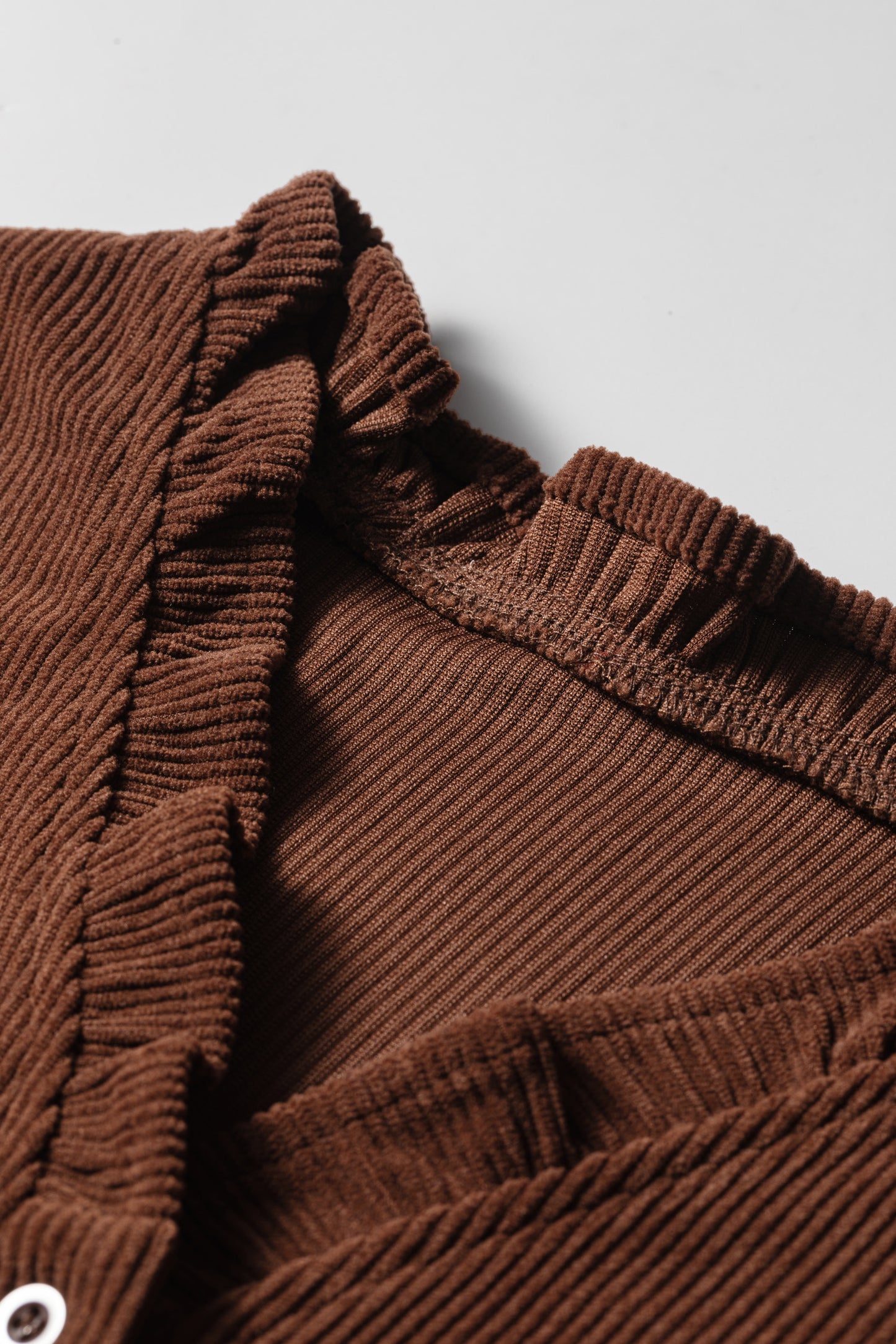 Coffee Solid Color Ruffle Trim V Neck Long Sleeve Button Corduroy Shakcet-Outerwear/Jackets-[Adult]-[Female]-2022 Online Blue Zone Planet