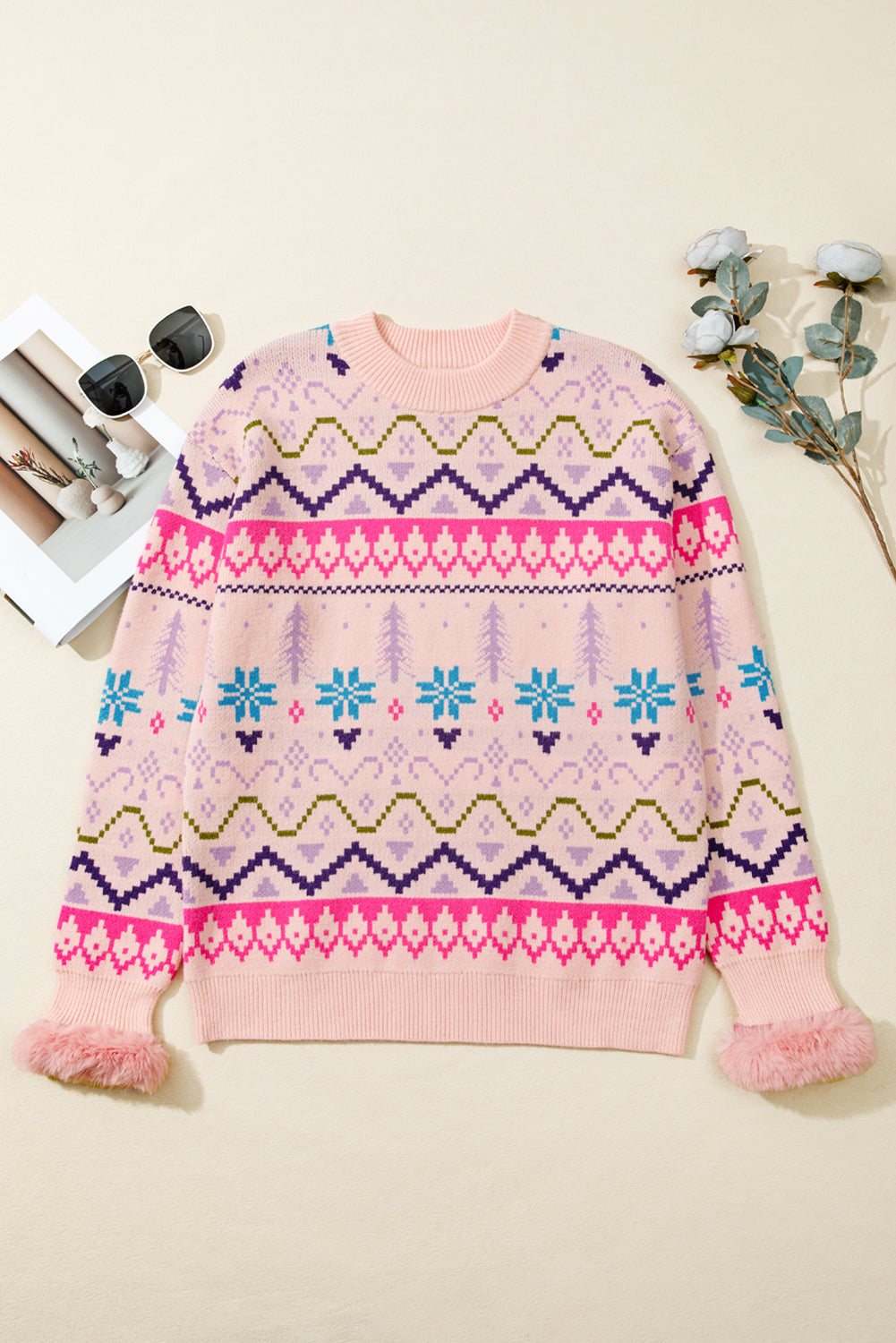 Multicolour Ethnic Christmas Pattern Knit Feather Cuffed Sweater-TOPS / DRESSES-[Adult]-[Female]-2022 Online Blue Zone Planet