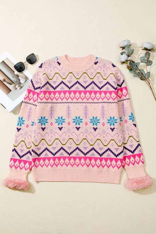 Multicolour Ethnic Christmas Pattern Knit Feather Cuffed Sweater-TOPS / DRESSES-[Adult]-[Female]-2022 Online Blue Zone Planet