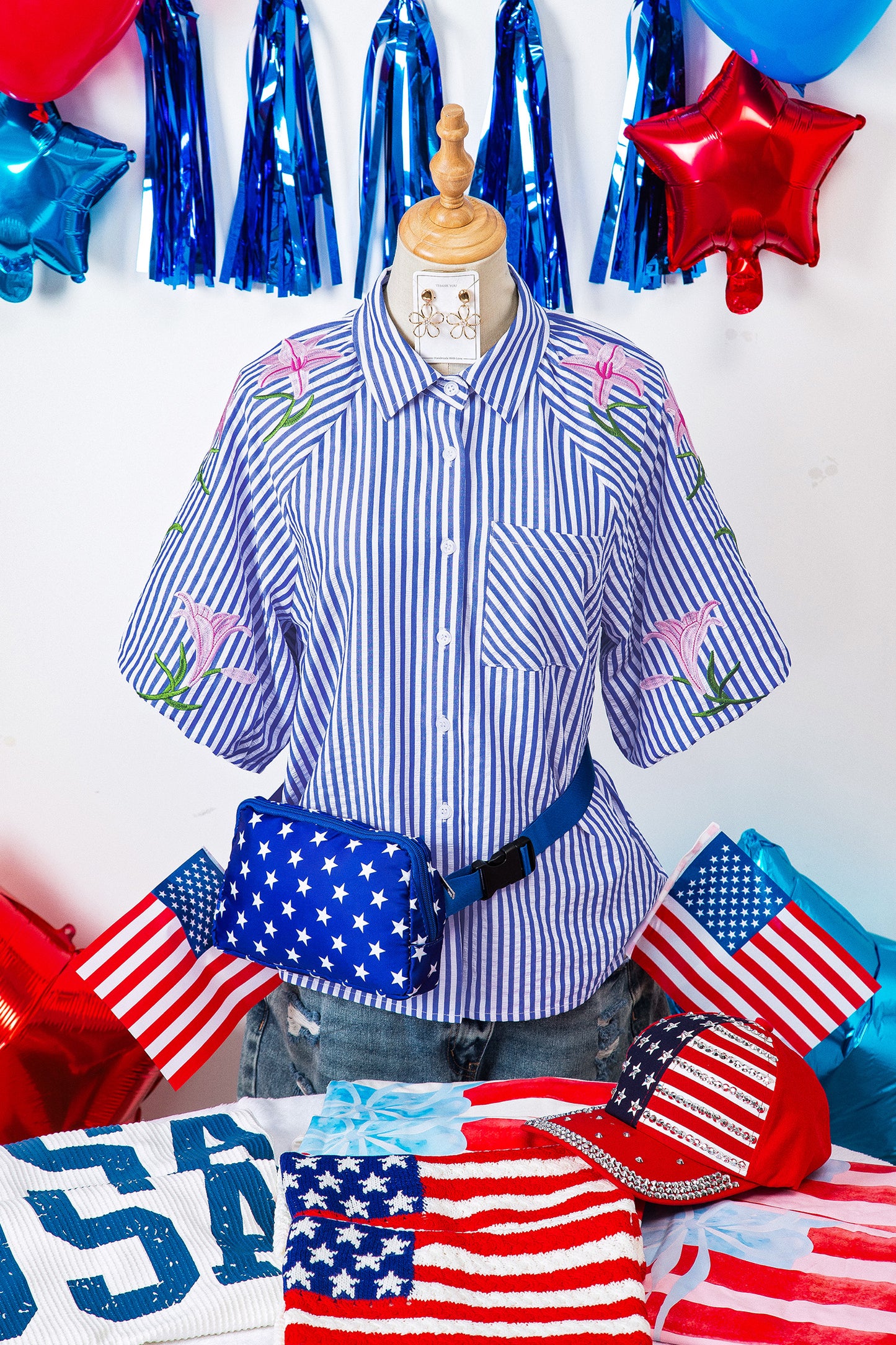 Sky Blue Stripe Lily Floral Embroidered Puff Sleeve Button Down Shirt-Tops/Blouses & Shirts-[Adult]-[Female]-2022 Online Blue Zone Planet