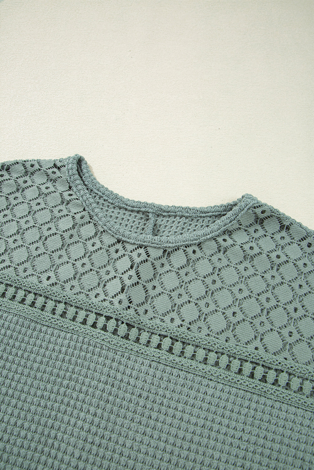 Mist Green Lace Patchwork Waffle Short Sleeve Top-Tops/Tops & Tees-[Adult]-[Female]-2022 Online Blue Zone Planet